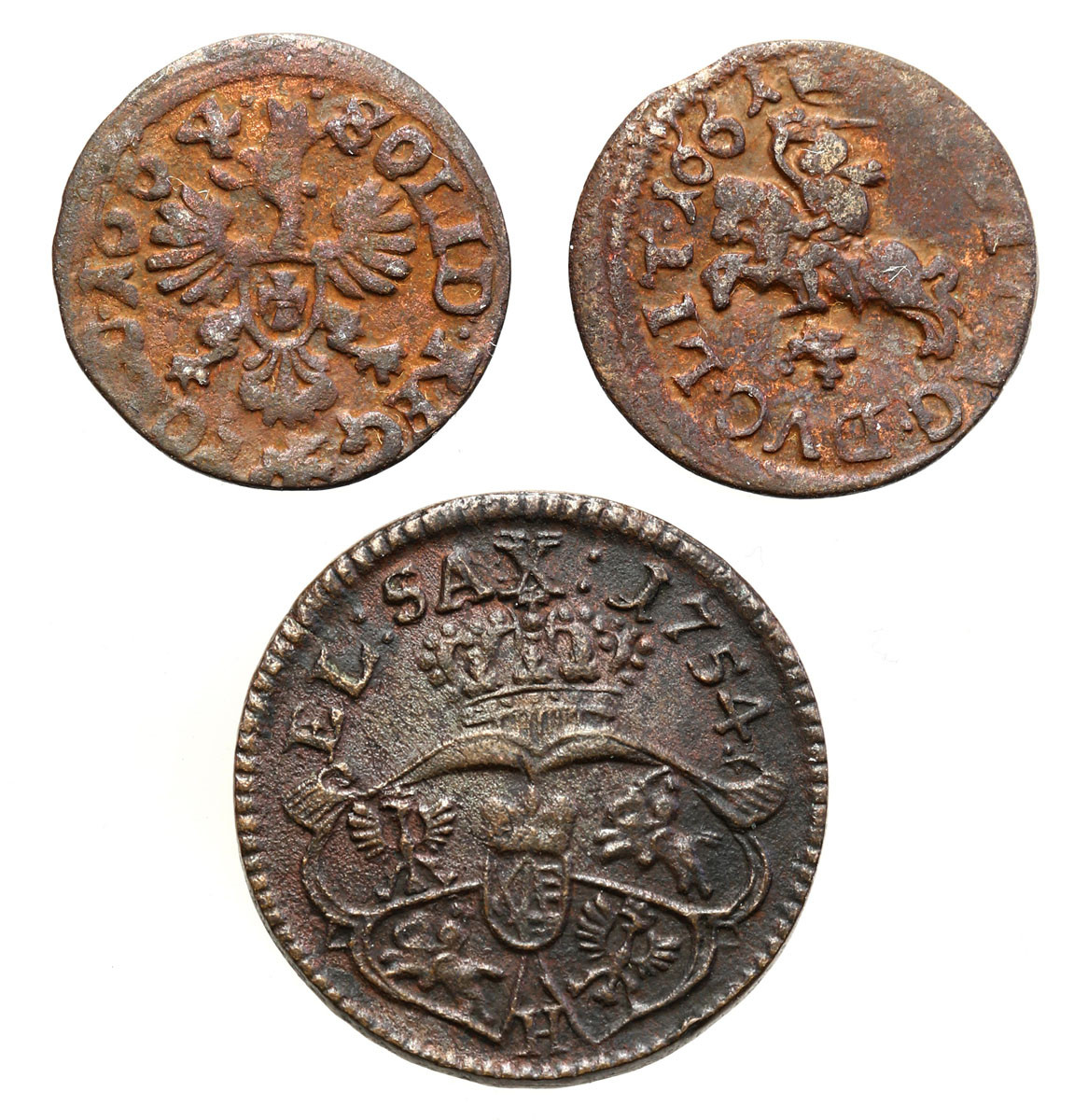 Jan II Kazimierz - szeląg 1661 i 1664 i August III Sas - grosz 1754, Gubin, zestaw 3 monet